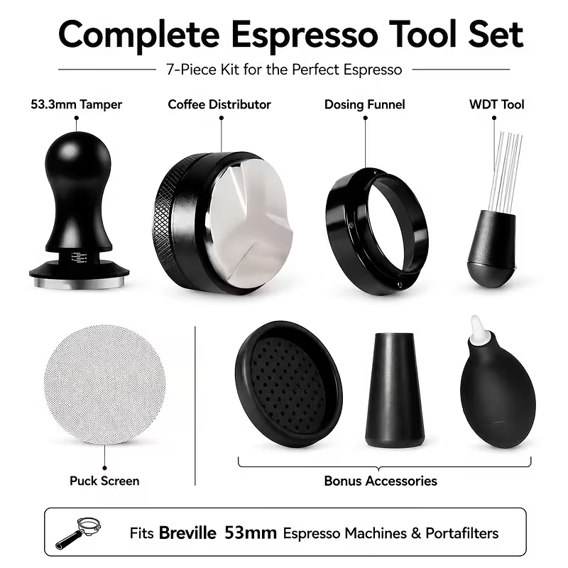 Kit de 7 piezas para espresso: Prensatutto de espresso de 53.3 mm, distribuidor de café, tamiz de prensatutto, embudo dosificador y herramienta WDT