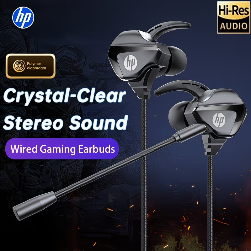 Auriculares Gaming HP de 3.5 mm con Micrófono HD, Sonido Estéreo Hi-Fi de Baja Latencia, Llamadas Claras, Reducción de Ruido Intrauditivos para Juegos/Música/Streaming, Compatibilidad Universal con Teléfonos, Portátiles y PC